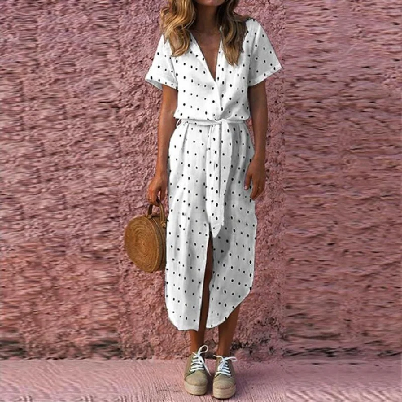 Special Price Women's Summer Short-Sleeved V-Neck Long Dress With Print