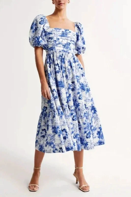 Exclusive Savings Summer Flower Dress Women Puff Sleeve Pleated Midi Dresses Casual Holiday Exclusive Savings Summer Flower Dress Women Puff Sleeve Pleated Midi Dresses Casual Holiday