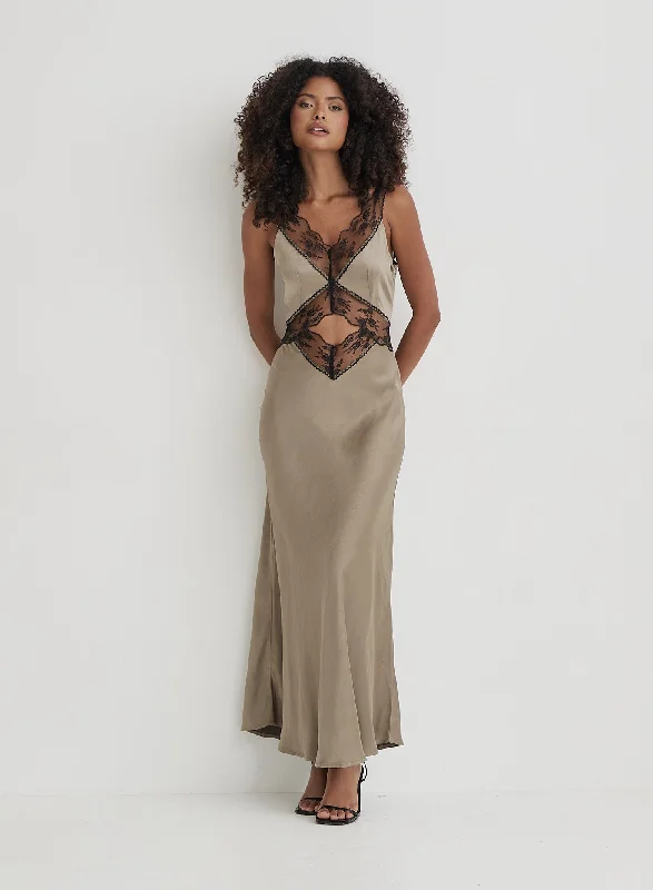 Act Fast Khaki Satin Lace Slip Dress- Kelsey