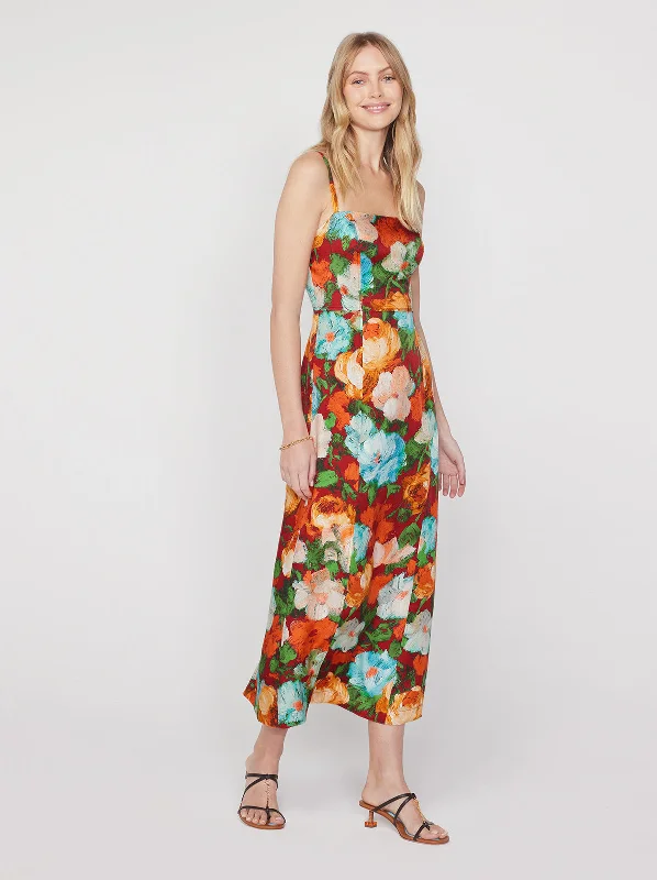 Doorbuster Deal Ursula Blue Impressionist Floral Print Midi Dress