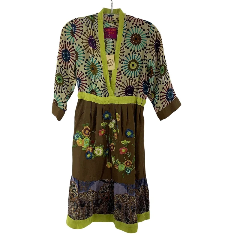Final Clearance Johnny Was Brown Yellow Embroidered Floral Women's Silk A-Line Dress XS - NWT