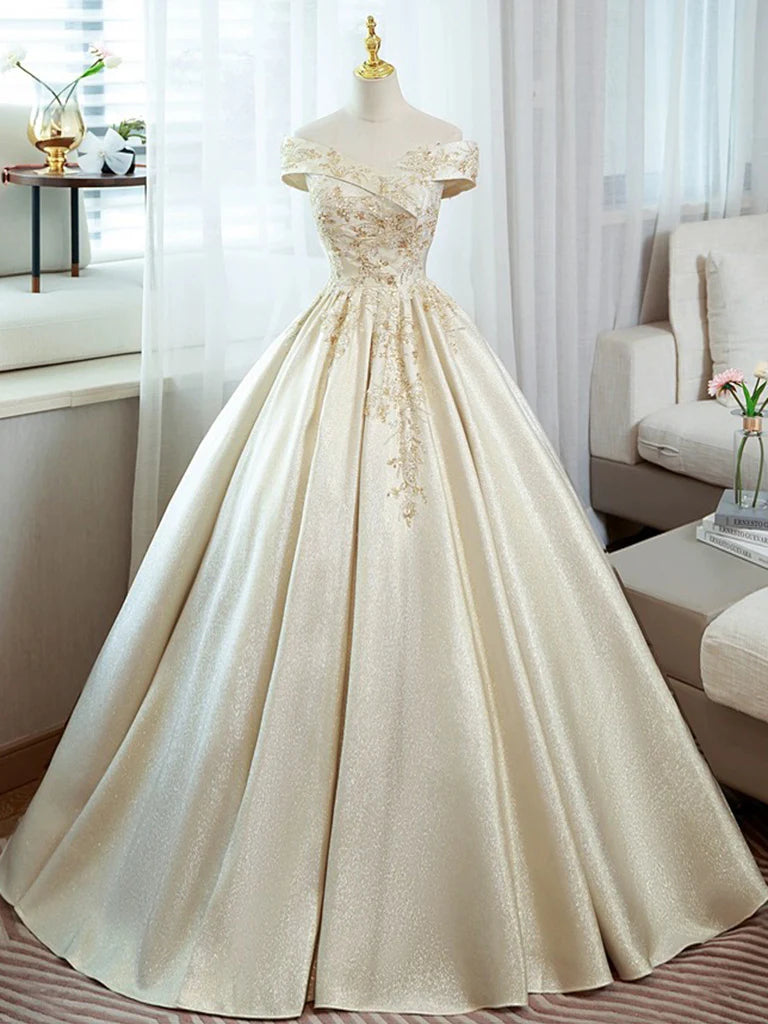 Amazing Deals A-Line Satin Lace Off Shoulder Champagne Long Prom Dress Quinceanera Dress