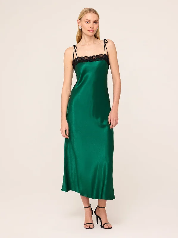 Deal Mania Venetia Green Satin Lace Trim Maxi Dress