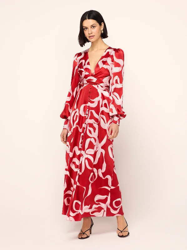 Overstock Aurora Red Ribbon Print Maxi Dress