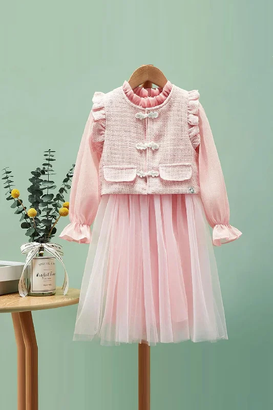 Deal Explosion Elegant Pink Girls' Dress with Tulle Skirt and Ruffled Sleeves - Perfect for Parties and Special Occasions Deal Explosion Elegant Pink Girls' Dress with Tulle Skirt and Ruffled Sleeves - Perfect for Parties and Special Occasions