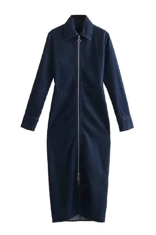Flash Deals Autumn Female Solid Long Sleeve Denim Lapel Slit At Hem Midi Dress Streetwear Elegant Woman Zipper Long Dresses