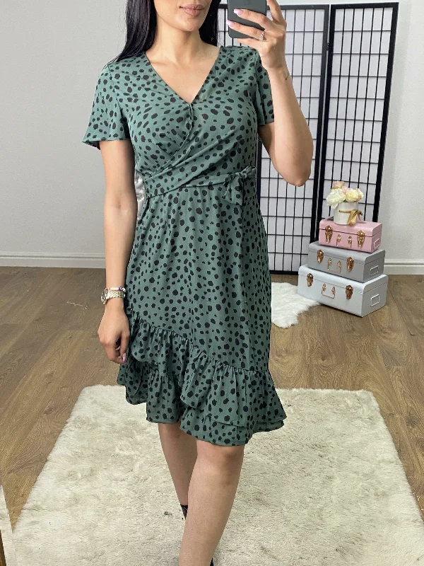 Discount Mania Sebrine Green Polka Dot Printed Ruffle Wrap Dress