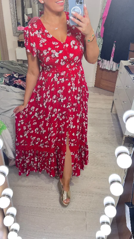 Closeout Sinora Red Floral Print Frill Hem Maxi Dress