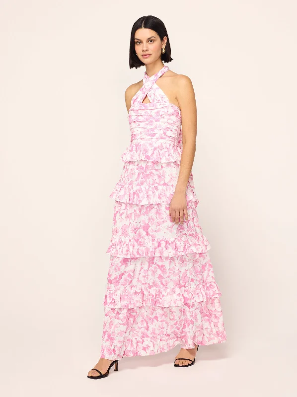 Closeout Sale Romily Pink Pansy Print Maxi Dress