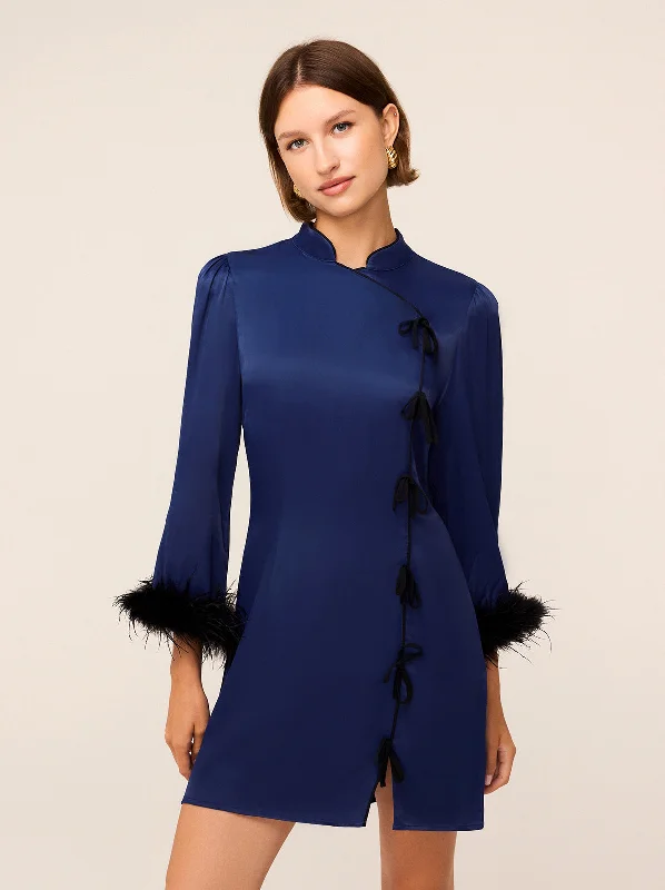 Online Specials Naomi Navy Satin Feather Mini Dress