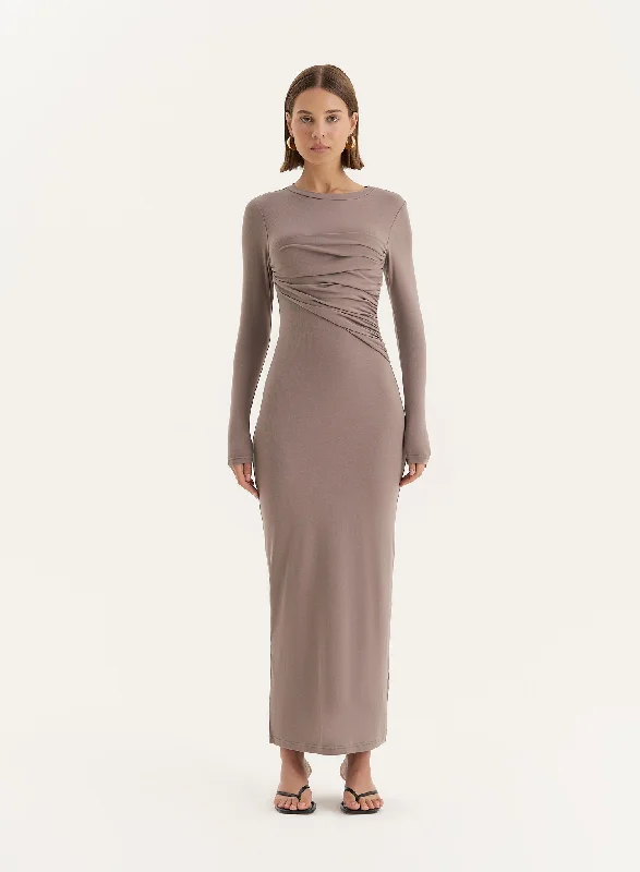 Discount Mania Beige Bust Detail Long Sleeve Maxi Dress- Xavier