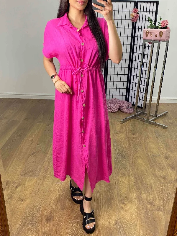 Savings Galore Cleris Plain Linen Button Front Dress