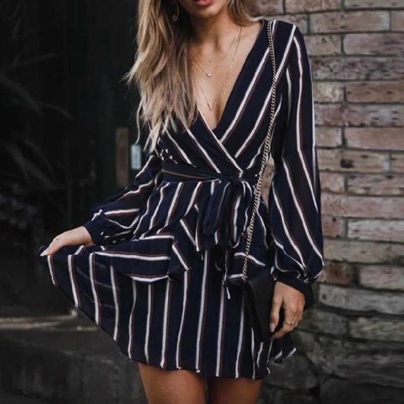 Price Drop Women's Autumn Casual Striped V-Neck Mini Dress With Ruffles