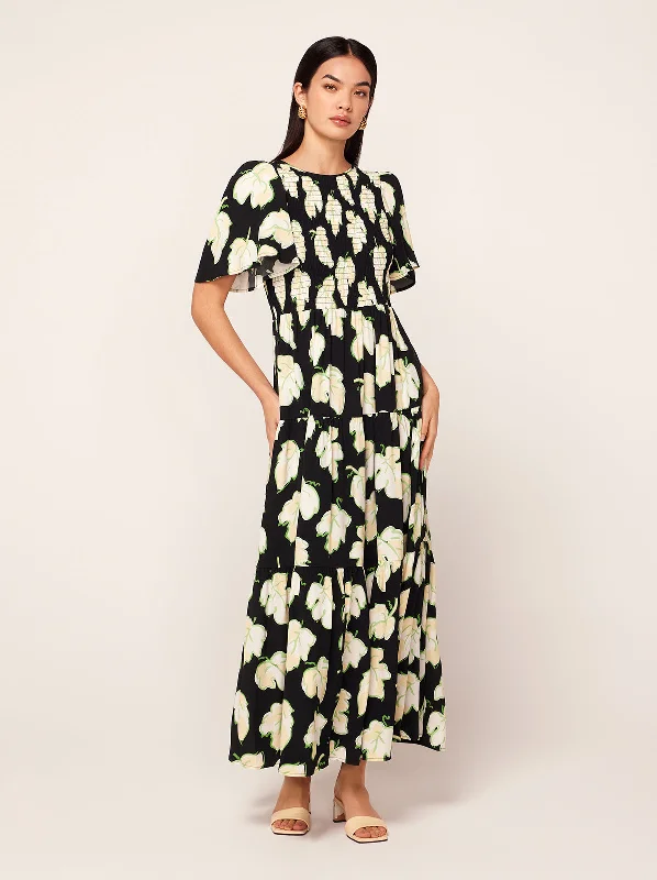 Best Bargains Bridget Black Vine Leaf Shirred Maxi Dress