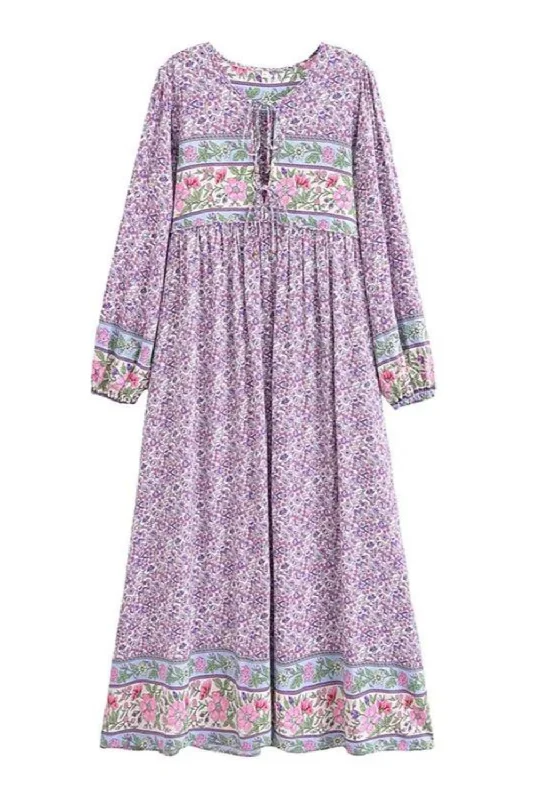 Doorbuster Deal Lavender Small Flower Bow Lacing up Neck Long Straight Dress Women Viscose Cotton Full Sleeve Maxi Holiday Doorbuster Deal Lavender Small Flower Bow Lacing up Neck Long Straight Dress Women Viscose Cotton Full Sleeve Maxi Holiday