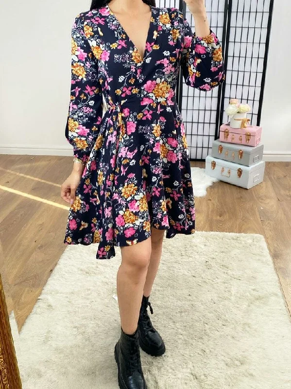 Fantastic Offers Sev Navy Pink Floral Wrap Swing Dress