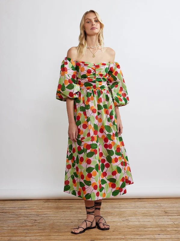 Price Drop Alexis Multi Cherry Bardot Midi Dress