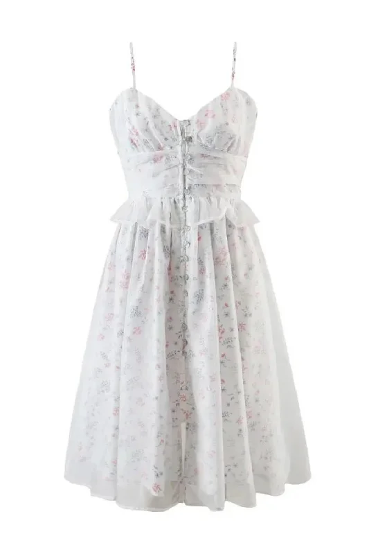 Price Blitz Princess White Floral Ball Gown Sling Organza Dress Women Buttons Slit Spliced Wood ears Swing Midi Fairy Price Blitz Princess White Floral Ball Gown Sling Organza Dress Women Buttons Slit Spliced Wood ears Swing Midi Fairy