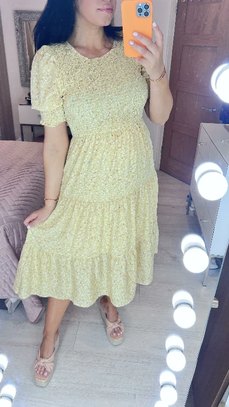Lowest Prices Genny Yellow Ditsy Floral Print Shirred Smock Dress