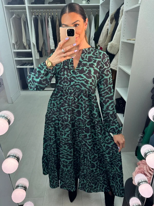 Season Finale Sale Jude Leopard Print Green And Navy Tiered Maxi Smock Dress