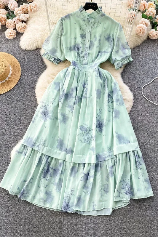 Quick Sale Summer Women Floral Chiffon Long Dress Elegant Ruffle Single Breasted Short Sleeve Quick Sale Summer Women Floral Chiffon Long Dress Elegant Ruffle Single Breasted Short Sleeve