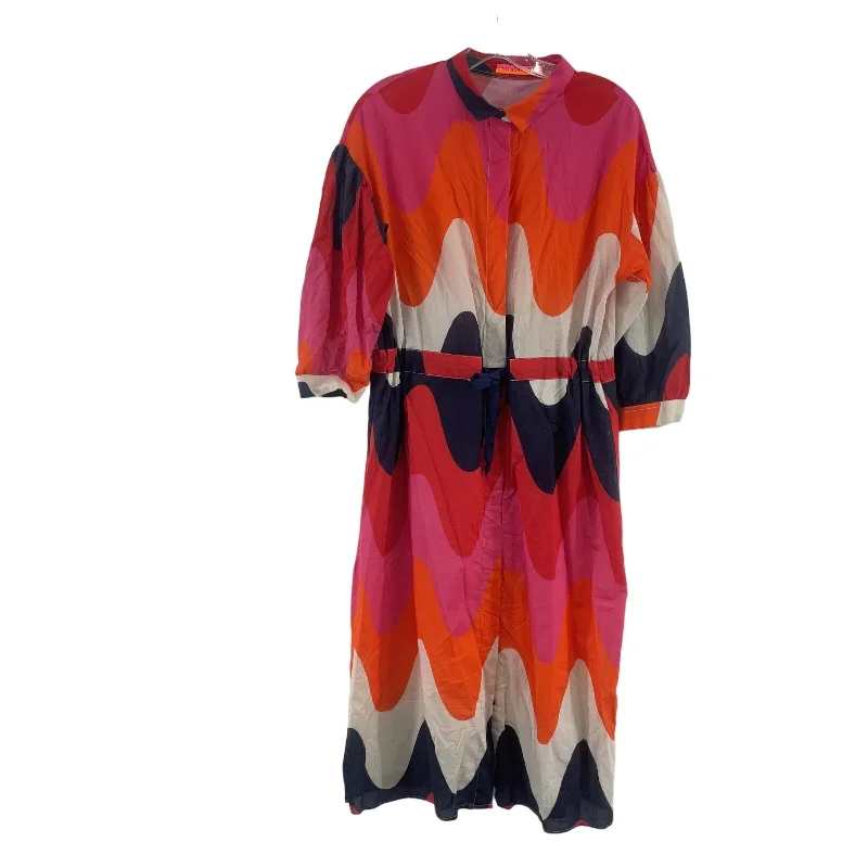 Weekend Special Villa Gallo Pink Orange Wavy Mod Print Belted Maxi Dress Cotton Women M Preowned