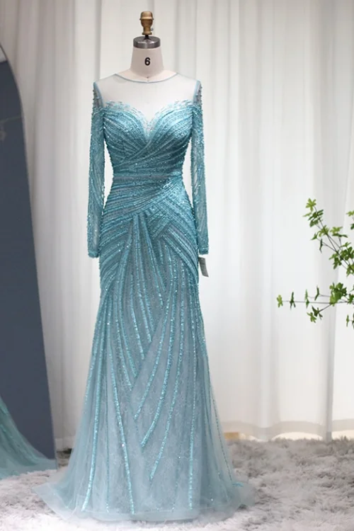 Limited Quantity Sharon Said Luxury Dubai Blue Mermaid Evening Dresses for Women Wedding Elegant White Long Sleeve Formal Prom Gowns Limited Quantity Sharon Said Luxury Dubai Blue Mermaid Evening Dresses for Women Wedding Elegant White Long Sleeve Formal Prom Gowns