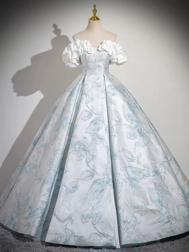 Extra Savings A-Line Off Shoulder Satin Blue Ball Gown Long Prom Dress With Floral Print Extra Savings A-Line Off Shoulder Satin Blue Ball Gown Long Prom Dress With Floral Print