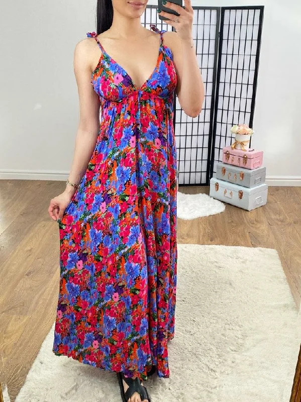 Exclusive Deal Suranne Blue Deep V Back Floral Maxi Dress