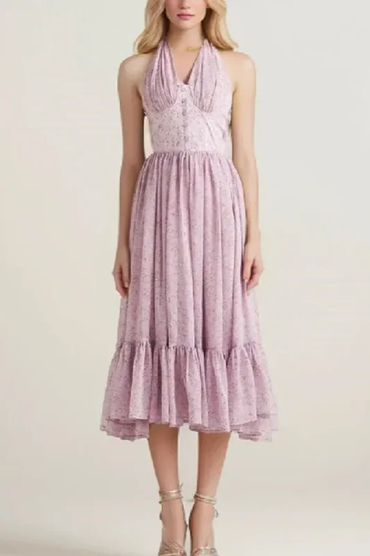 Flash Sale Purple Flower Tide Bow Halter Collar Backless Pleated Midi Long Dress Women Ruffles Hem Swing Party Robe Flash Sale Purple Flower Tide Bow Halter Collar Backless Pleated Midi Long Dress Women Ruffles Hem Swing Party Robe