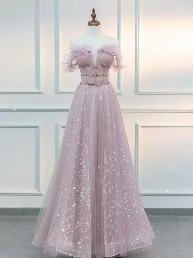 Deal Alert A-Line Off Shoulder Tulle Lace Pink Long Prom Dress Quinceanera Dress