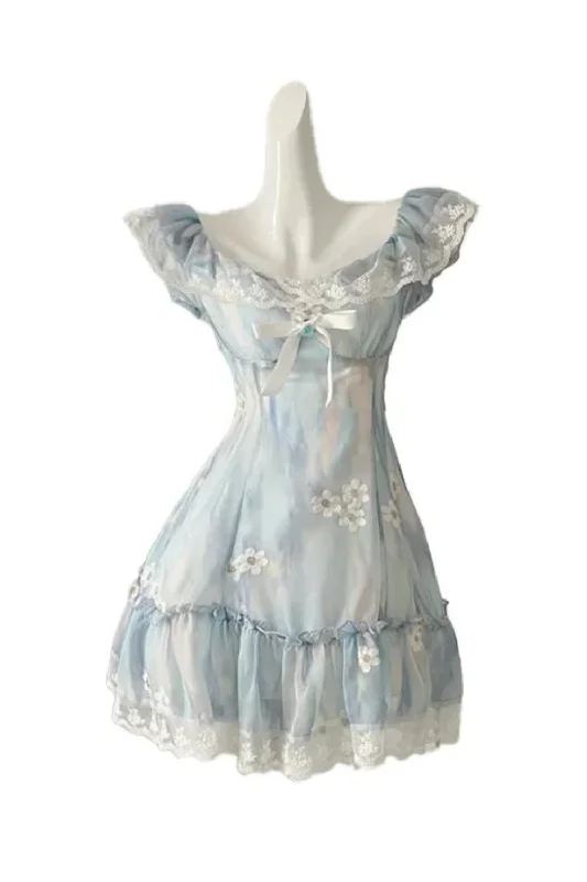 Super Bargain Women Blue Lace Bow Dress Vintage Elegant Sleeveless Kawaii Flower Dresses Super Bargain Women Blue Lace Bow Dress Vintage Elegant Sleeveless Kawaii Flower Dresses
