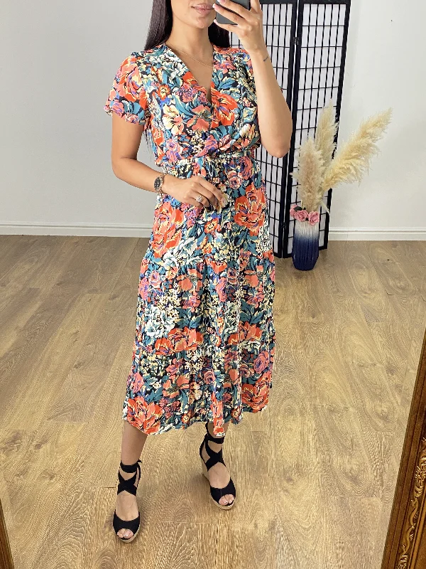 Unmissable Offer Bellissi Teal Wrap Effect Bold Floral Dress