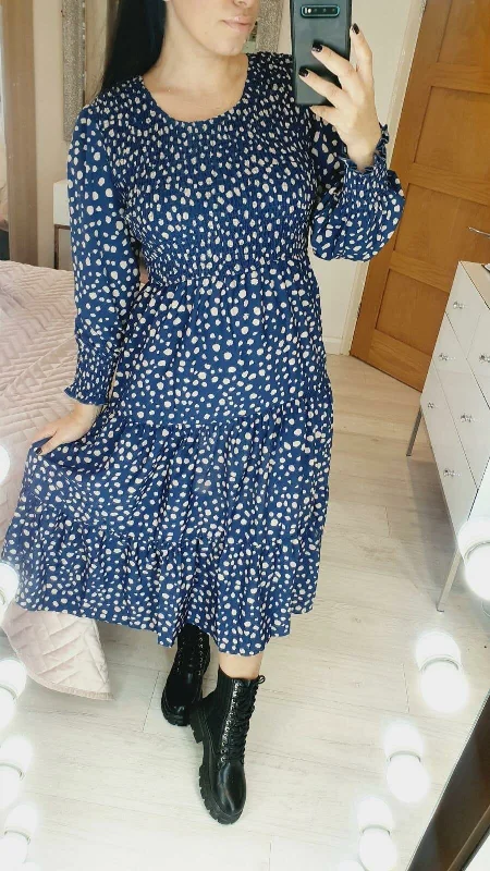 Can't Be Beat Renace Blue Polka Dot Elasticated Tiered Midi Dress