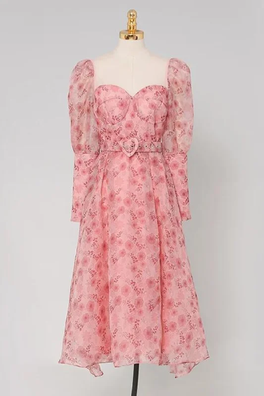 Discount Days Heart Pink Pink Floral Birthday Party Dresses Long Lantern Sleeve Vintage Princess Tea Dress