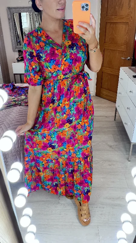 Overstock Devina Fuschia Floral Print Wrap Front Maxi Dress