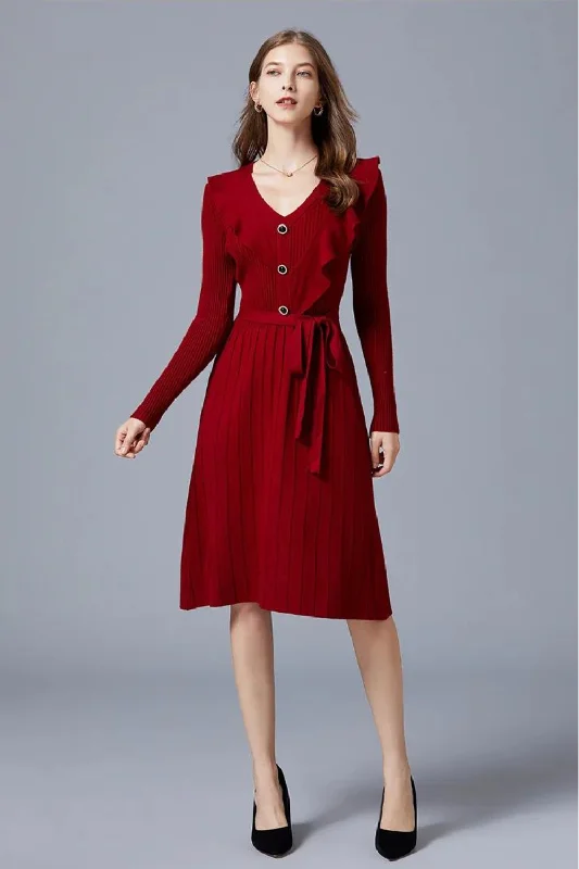 Price Blitz Vintage Elegant Ruffles Button Decor Knit Dress Pleated Knee Length Women Winter Autumn Dress Casual