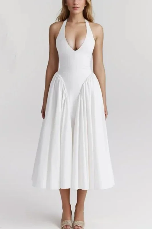 Best Deals Solide White Bow Halter V Collar Sling Midi Dress Women Low Waist Peated Swing Backless Party Robe Best Deals Solide White Bow Halter V Collar Sling Midi Dress Women Low Waist Peated Swing Backless Party Robe