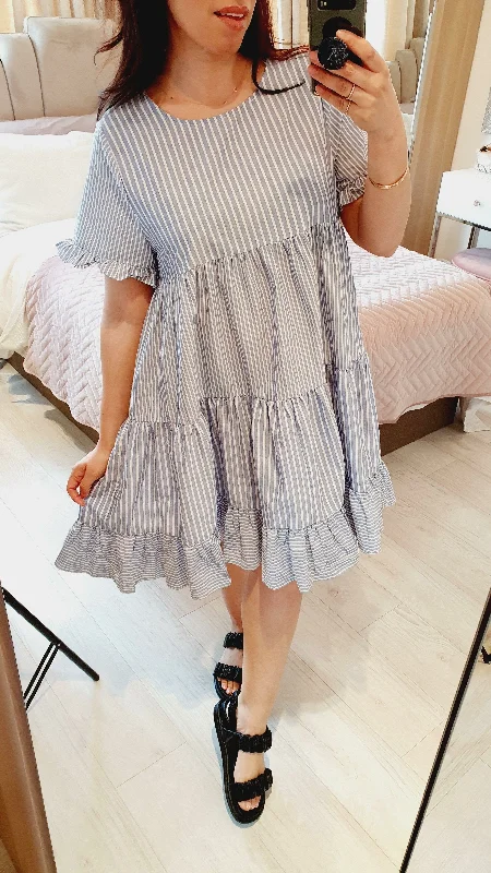 Stock Up and Save Nia Baby Blue Striped Ruffle Detailed Tiered Dress