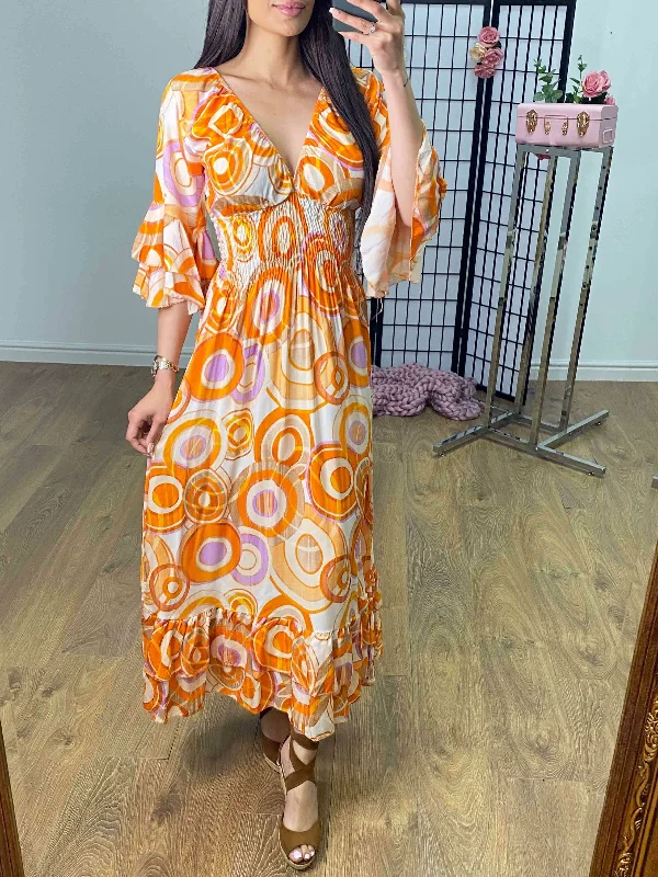 Customer Appreciation Sale Brava Swirl Print Ruffle Hem Maxi Dress