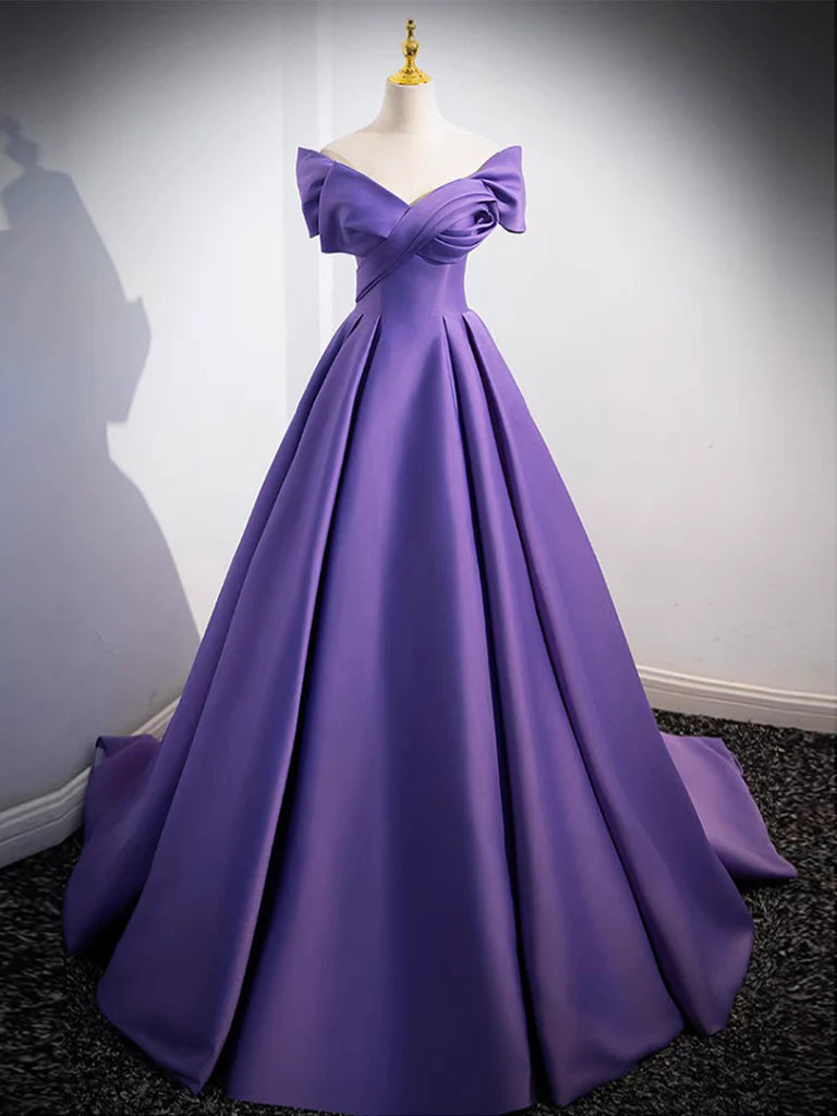 Seasonal Clearance Simple Off Shoulder Satin Purple Long Prom Dress Court Train Dresses
