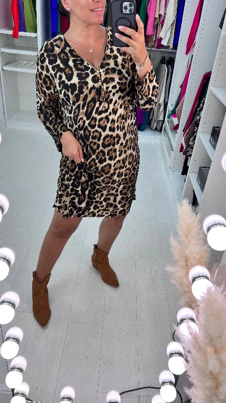 New Deals Martita Leopard Print Zip Detail Smock Dress