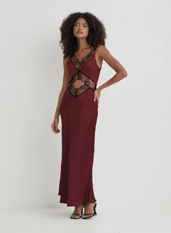 Must-Have Deals Burgundy Satin Lace Slip Dress- Kelsey