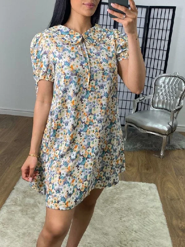 Buy More, Save More Sabs Floral Print Peter Pan Collar Puff Sleeve Summer Dress