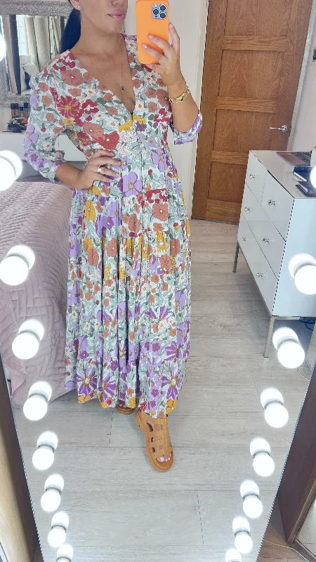 Savings Galore Andriana Multi Purple Floral Print Tiered Hem Maxi Dress