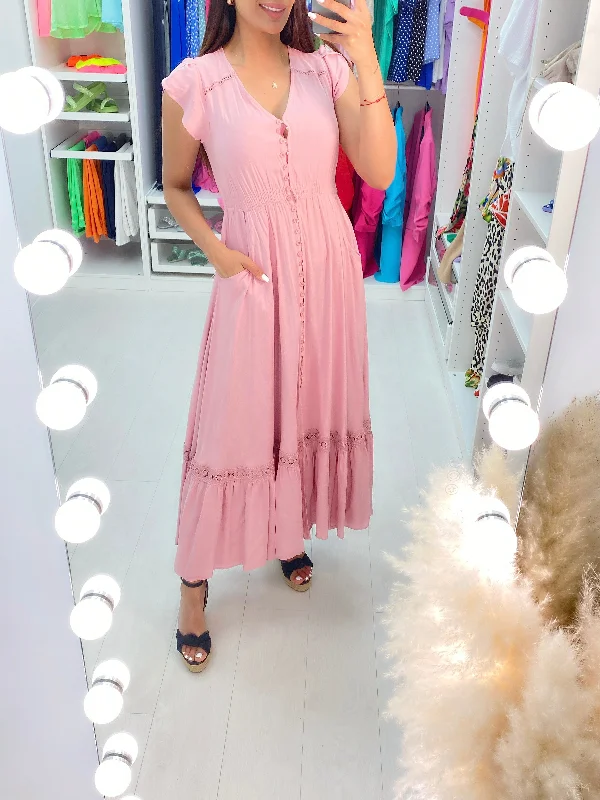YEAR-End Sale Julieta Crochet Detail Plain Pocket Maxi Dress
