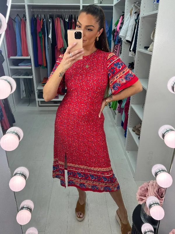Year-End Sale Darcey Red Floral Print Split Midi Dress