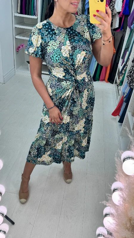 Overstock Werta Multi Floral Knot Front Stretch Midi Dress