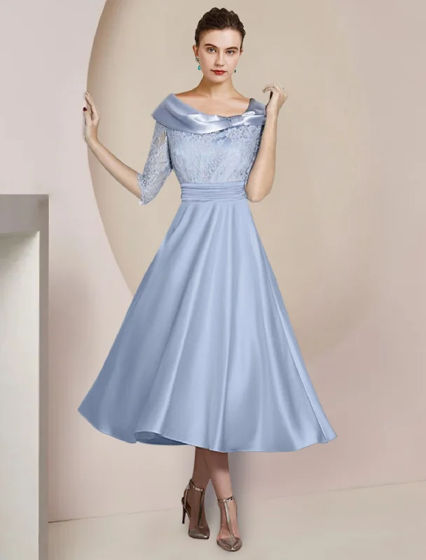 Discount Mania A-Line Mother of the Bride Dress Party Elegant Scoop Neck Tea Length Satin Lace Half Sleeve with Bow(s) Pleats