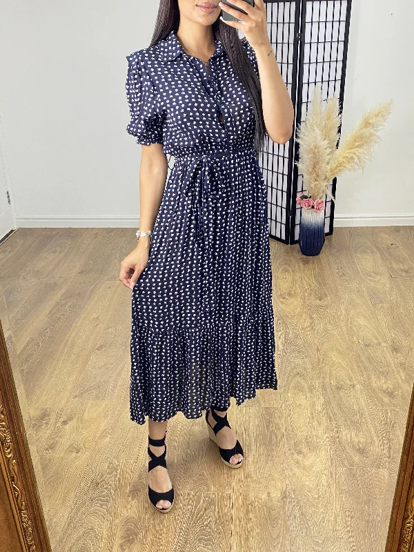 Price Slash Caprio Navy Heart Print Maxi Tea Dress
